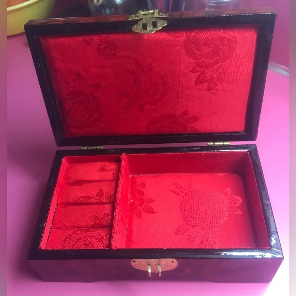 Brown Lacquer with Gold Latch and Mother of Pearl Shadow Box Top Red Inside
